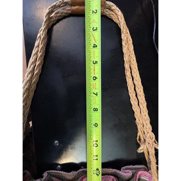 Vtg Style Boho Shoulder Bag Striped Multicolored Fringed Wood Accent Jute Straps - Picture 12 of 12